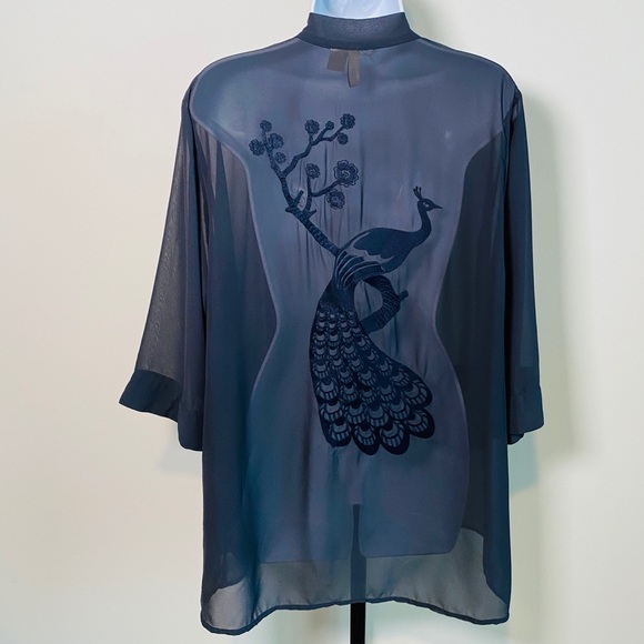 H&M Divided Navy Blue Sheer Kimono Style Embroidered Peacock Top Size 4 - Picture 4 of 8
